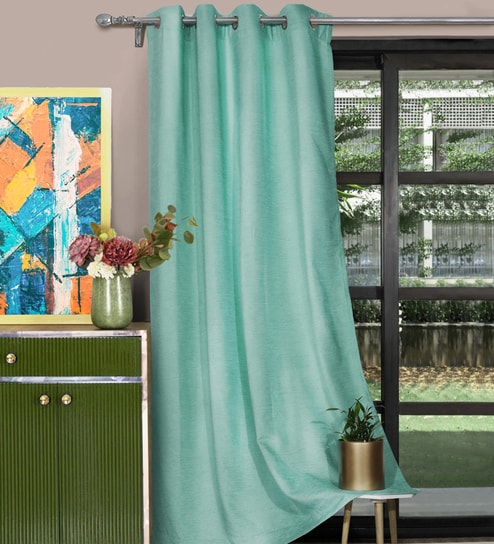Light Blue Polyester Solid 7ft Room Darkening Eyelet Door Curtain