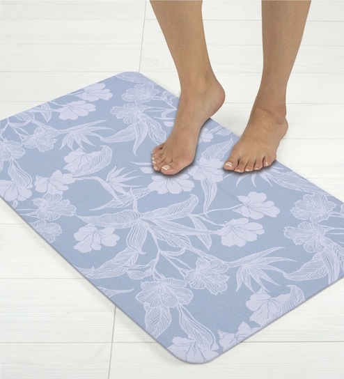 Light Blue Floral Printed Rubber 22x14 Inches Anti Skid Bath Mat