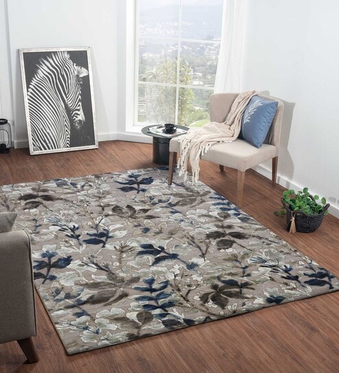 Light Brown and Blue Floral 3x5 Feet Machine Made Carpet