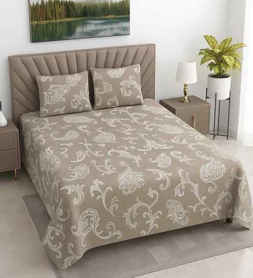 Light Brown Floral 400 TC Cotton Queen Flat Bedsheet with 2 Pillow Covers Essential Collection