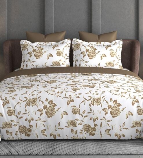 Light Brown Floral 600TC Cotton Super King Sized Double Bedsheet with 2 Embroidery Pillow Covers