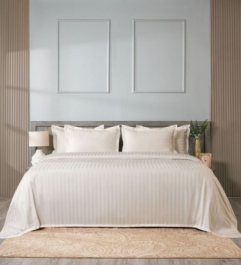 Cream 300TC 100% Cotton Stripe Flat Super King Bedsheet with 2 Pillow Covers
