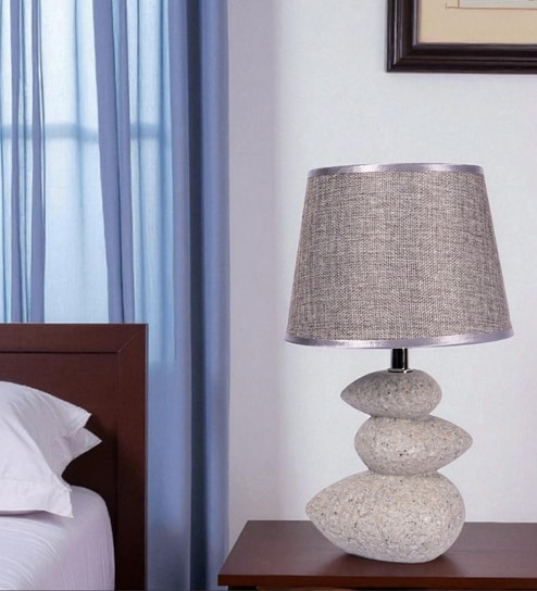 Light Gray Table Lamp Modern Design Fbaric Lampshade Pebble Shaped Ceramic Base