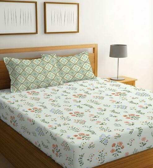Light Green & Green Glace Cotton Floral Print Elastic Fitted King Bedsheet With 2 Pillow Covers