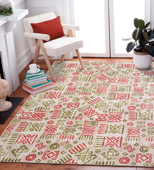 Light Green & Persian Red Block Print Polyester 9 ft x 12 ft Machine Made Carpet