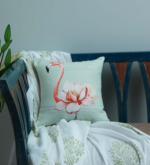 Light Green Floral Canvas 12 x 12 Inches Cushion Cover by Zeba
