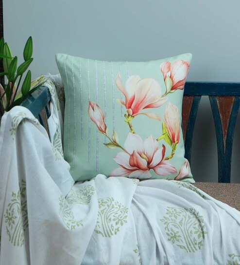 Light Green Floral Canvas 16 x 16 Inches Cushion Cover by Zeba