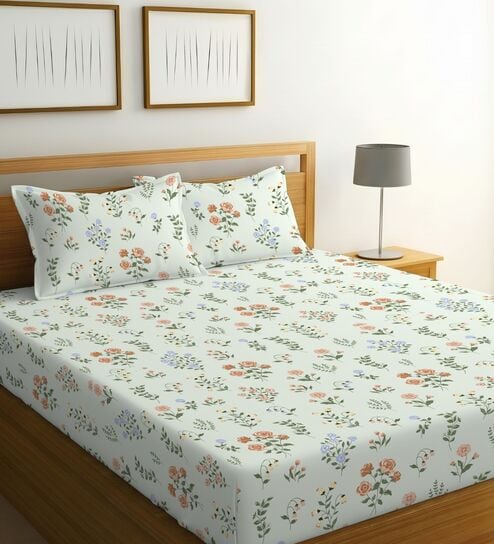 Light Green Glace Cotton Floral Print Elastic Fitted King Bedsheet With 2 Pillow Covers