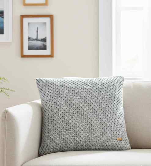 Light Grey Cotton 16X16 Inches Knitted Cushion Cover
