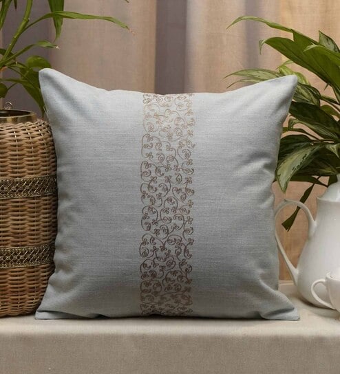Light Grey Traditional Blended Cotton 16 x 16 Inches Embroidered Cushion Cover by Zeba