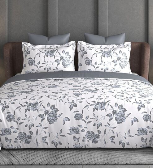 Light Grey Floral 600TC Cotton Super King Sized Double Bedsheet with 2 Embroidery Pillow Covers