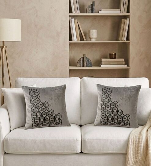 Light Grey Velvet 16 x 16 Inches Cube Print Cushion Covers (2 Pieces)