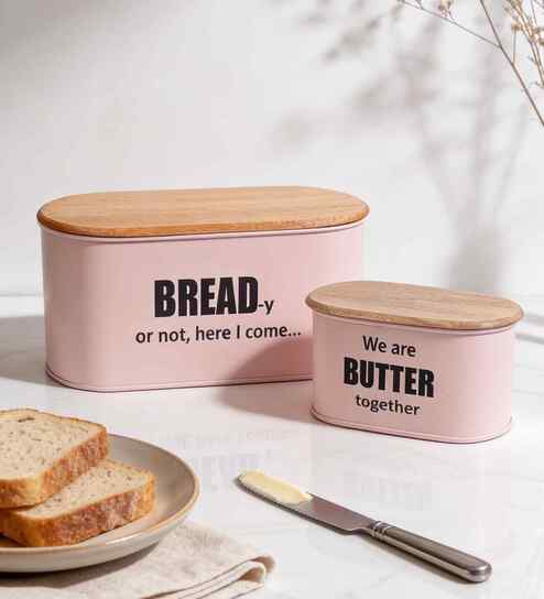 vareesha Light Pink Metal Bread & Butter Box Set With Wooden Lids-picture-47