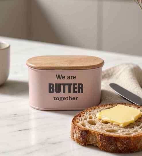 Light Pink Metal Butter Box With Wooden Lid