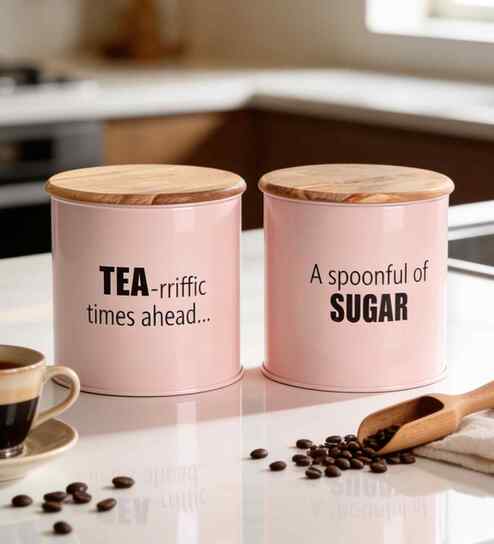 vareesha Light Pink Metal Small Tea & Sugar Containers With Wooden Lids Set Of 2-picture-36