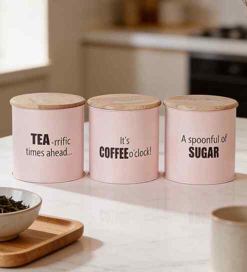 vareesha Light Pink Metal Small Tea, Sugar & Coffee Containers With Wooden Lids Set Of 3-picture-4