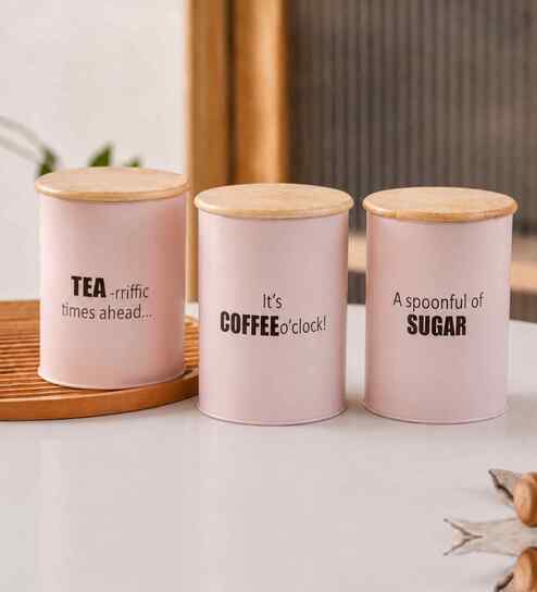 vareesha Light Pink Metal Tea, Sugar & Coffee Containers With Wooden Lids Set Of 3-picture-28