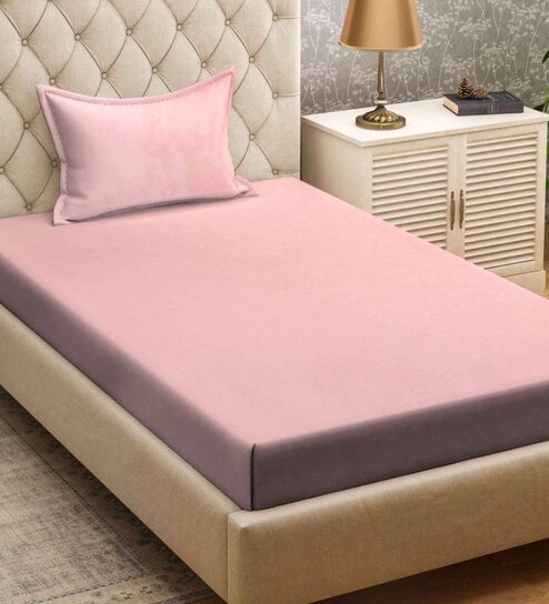 Light Pink Solid 300 TC Cotton Blend Single Bedsheet with Pillow Cover