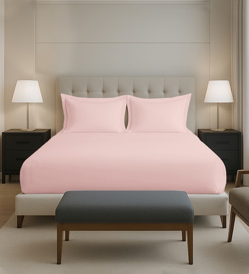 Light Pink Solid 400 TC Cotton Queen Sized Fitted sheet with 2 Pillow Covers