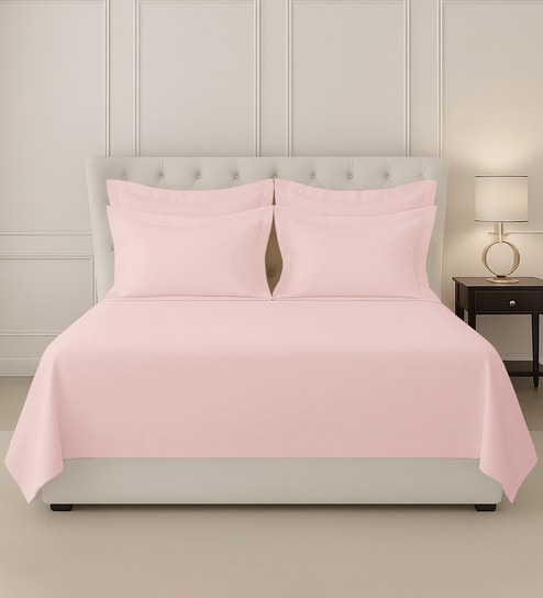 Light Pink Solid 400 TC Cotton Super King Sized Bedsheet with 4 Pillow Covers