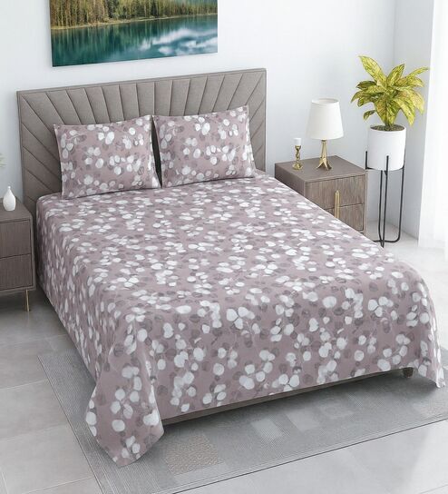 Light Purple Floral 280 TC Cotton Double Queen Size Bedsheet With 2 Pillow Covers