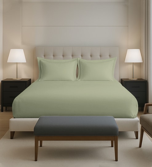 Light sage Solid 400 TC Cotton King Sized Fitted sheet with 2 Pillow Covers