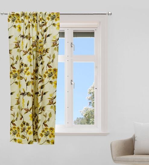 Yellow Floral Cotton Blend 5 Ft Blackout Rod Pocket Window Curtain