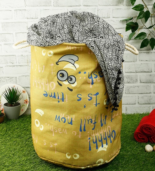 Lime Green Polyester Slub 50 Ltr (1Pc) Laundry Basket with Lid
