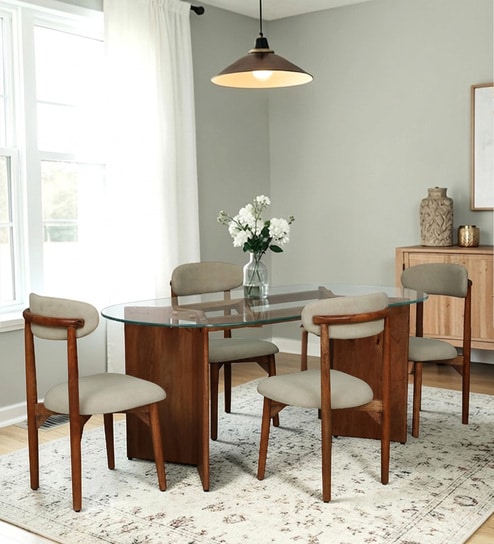 Limousin Mango Wood 4 Seater Dining Set With Glass Top In Mahogany Finish