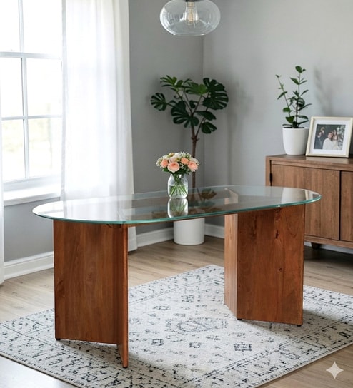 Limousin Mango Wood 6 Seater Dining Table With Glass Top In Mahogany Finish