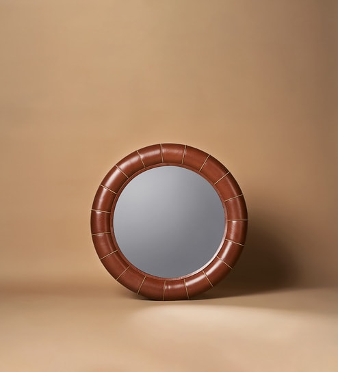 Linear Leather Round Mirror in Cognac Colour