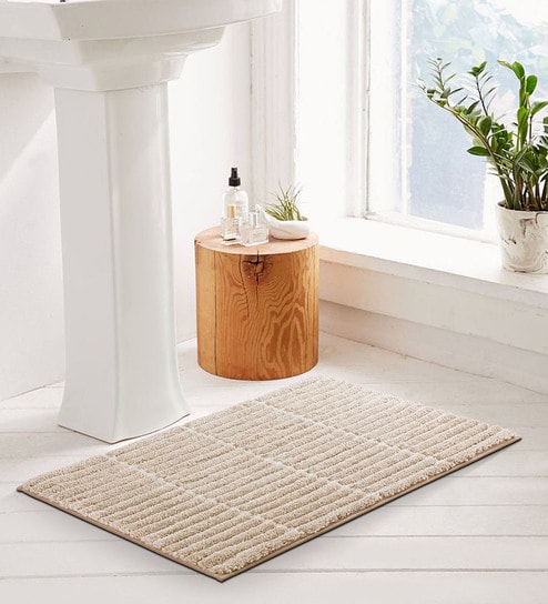 Linen Beige Polyester 24X16 Inches Anti-Skid  Bath Mat