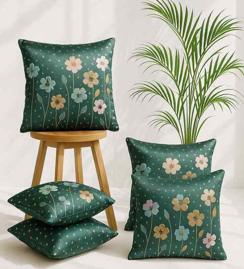 Blue Linen Flower Printed 16X16 Inches 5Pcs Cushion Covers