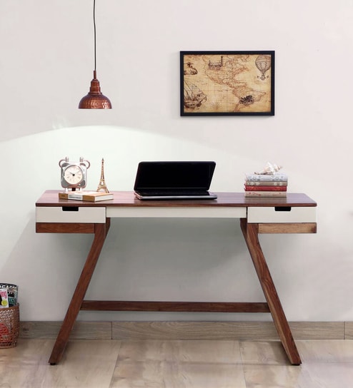 Lisbon Sheesham Wood Writing Table In White On Scratch Resistant Rustic Teak Finish
