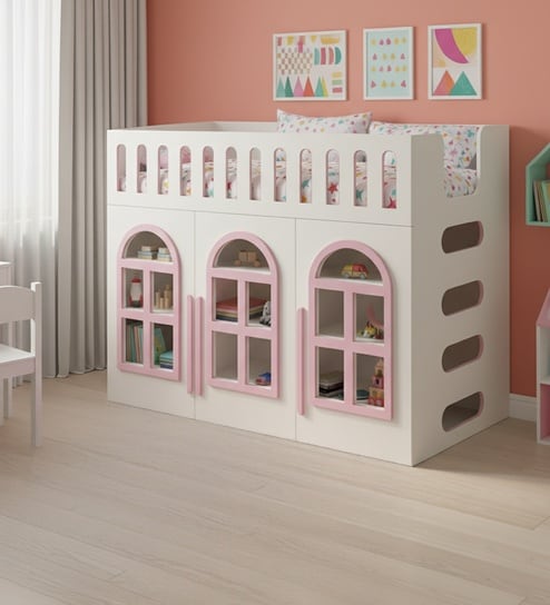 Little Library Loft Bed In Pink Colour
