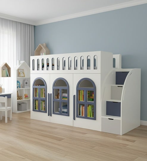 Little Library Loft Bed With Staircase Storage In Blue Colour