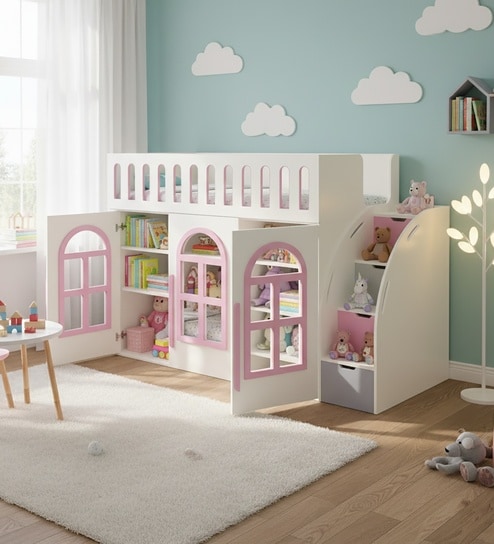 Little Library Loft Bed With Staircase Storage In Pink Colour
