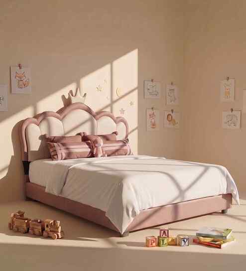 Little Queen Leatherette Kids Twin Bed In Pink And White Colour