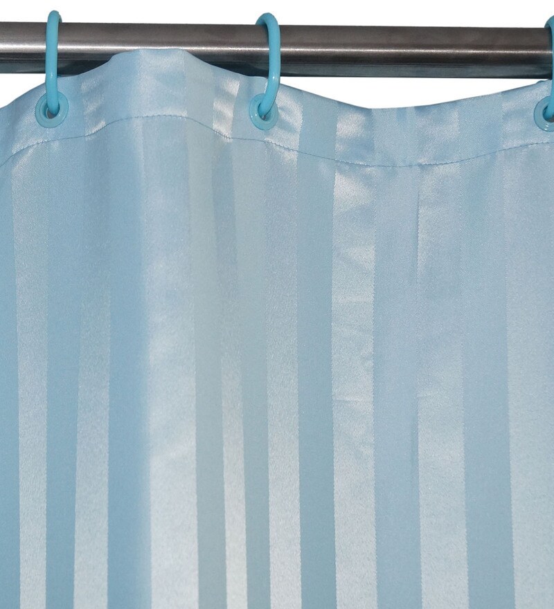 Buy Light Blue Stripped Pattern Polyester Shower Curtain Length