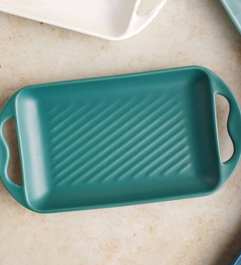 Buy Liner Green Ceramic Baking Tray with Handle by Nestasia Online