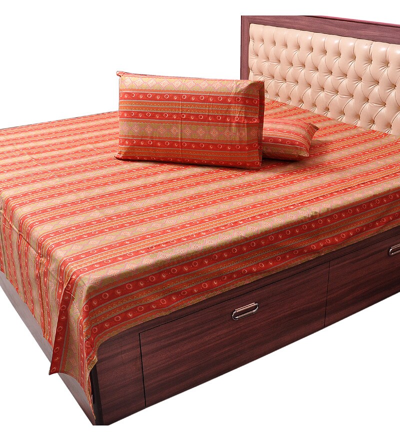 Buy Little India Print Red Cotton Double Bed Sheet (with Pillows) Set of 3 Online Indian