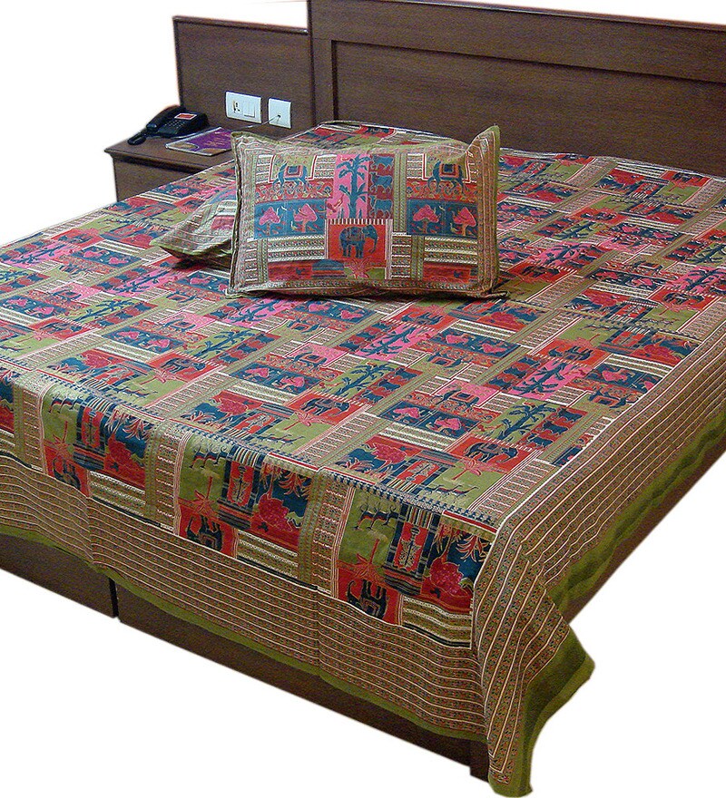 Buy Little India Ethnic Designer Gold Print Double Bed Sheet Online