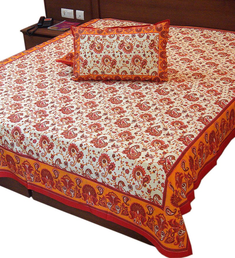 Buy Little India Rajasthani Gold Print Cotton Double Bed Sheet Online