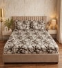 Brown Floral Polycotton Double King Fitted Bedsheet With 2 Frill Pillow Covers