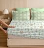 Light Green & Green Glace Cotton Floral Print Elastic Fitted King Bedsheet With 2 Pillow Covers
