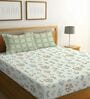 Light Green & Green Glace Cotton Floral Print Elastic Fitted King Bedsheet With 2 Pillow Covers
