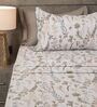 Beige Floral 210TC 100% Cotton Printed Flat Super King Bedsheet With 2 Pillow Covers