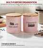 Light Pink Metal Small Tea & Sugar Containers With Wooden Lids Set Of 2