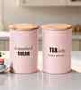 Light Pink Metal Tea & Sugar Containers With Wooden Lids Set Of 2