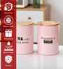 Light Pink Metal Tea & Sugar Containers With Wooden Lids Set Of 2